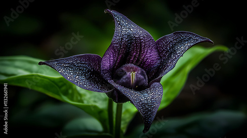 macro shot of black bat flower, Tacca chantrieri, showcasing its unique dark petals and water droplets, creating striking visual photo