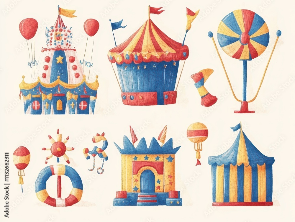 Fototapeta premium Colorful Circus Tent and Ride Illustrations