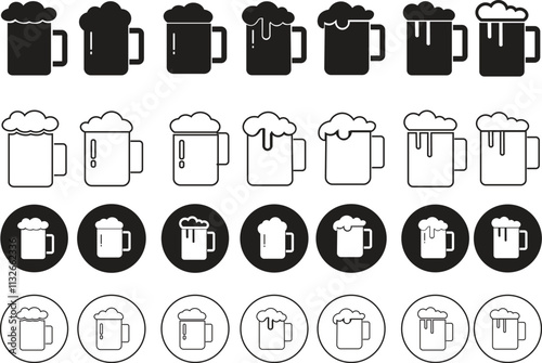 Depiction of frothy beer mug icon set isolated on transparent background. Ideal for pubs, breweries, and beer enthusiasts seeking vintage charm black flat and line vector collection drink glass symbol