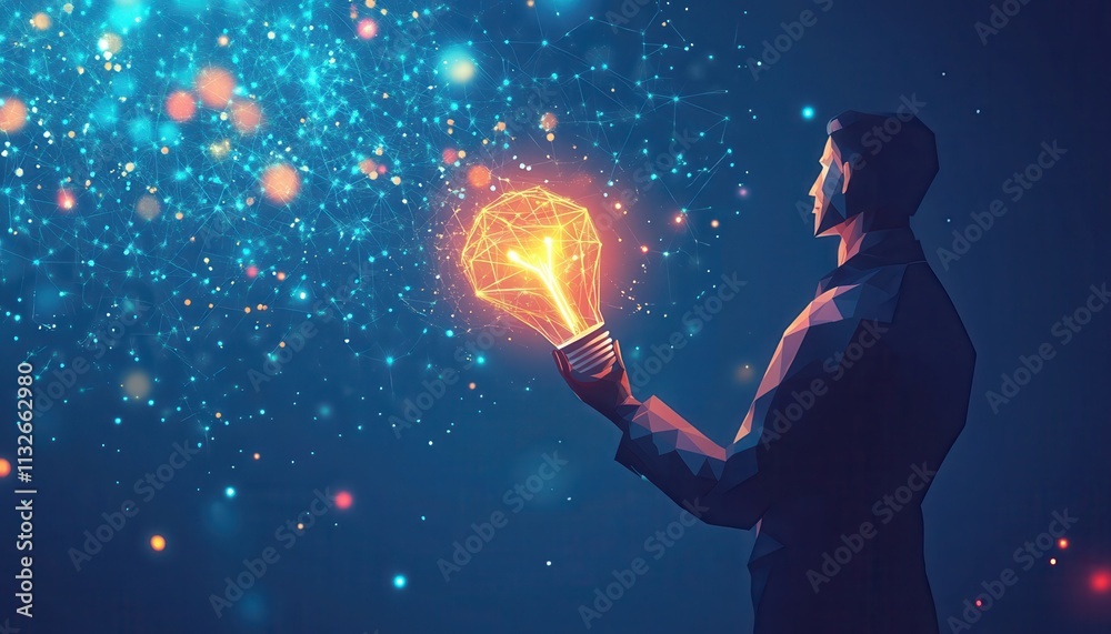 Obraz premium Man Holding Illuminated Networked Lightbulb Idea