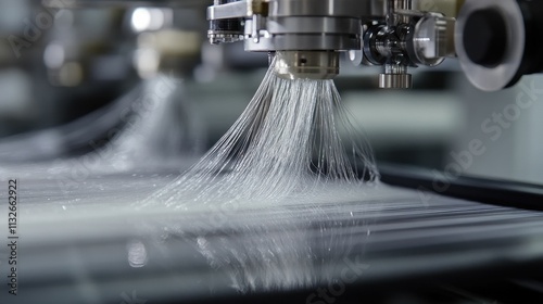 Machine extrudes thin, white filaments onto surface. photo