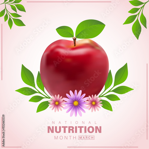National nutrition month vector template design with fresh red apple, leaves and flowers vector illustration.