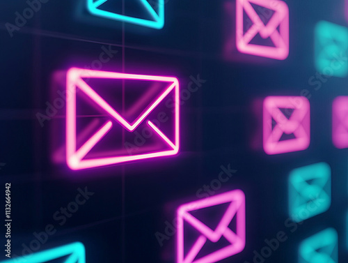 Neon glowing email icons in pink and blue on dark background, symbolizing digital communication and technology