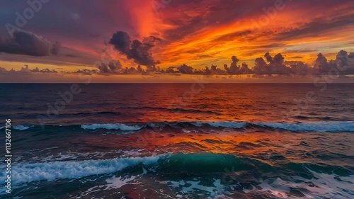 A dramatic sunset casting vibrant colors across the ocean horizon