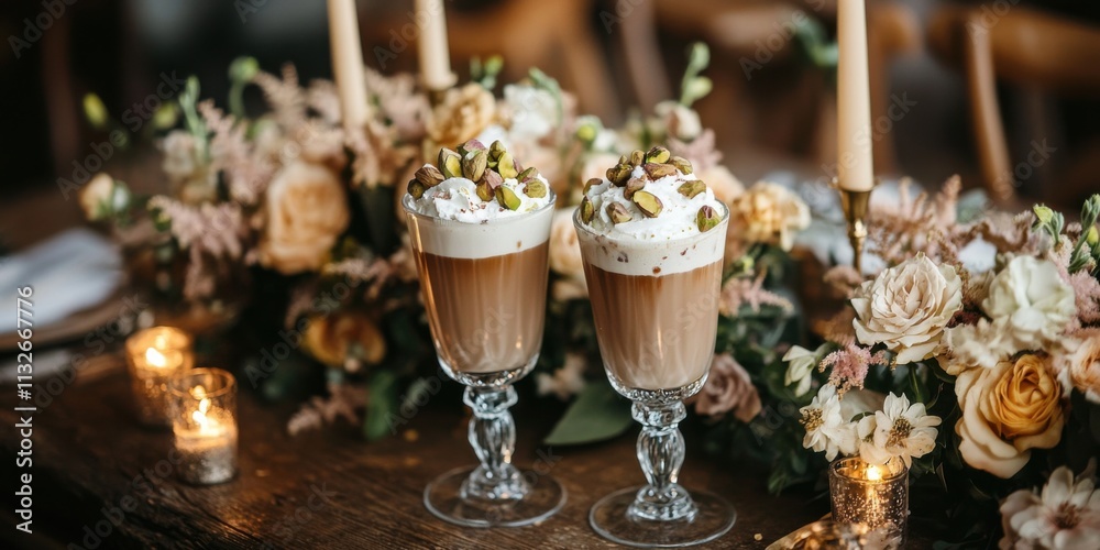 Obraz premium An elegant wedding table setup with three iced coffee glasses topped with whipped cream and pistachios, paired with floral arrangements and candles