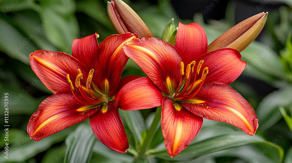 Fototapeta premium Vibrant close up of red copper lilies with striking petals and lush green leaves