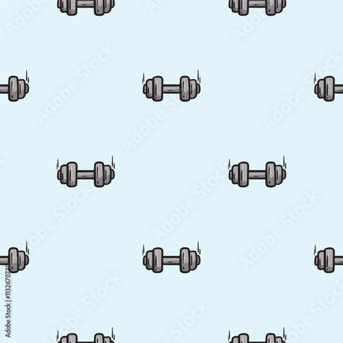 Bright seamless pattern with sports dumbbells. Vector editable background for sport, fitness, gym and healthy lifestyle. Hand drawn design for decoration, wrapping paper, print