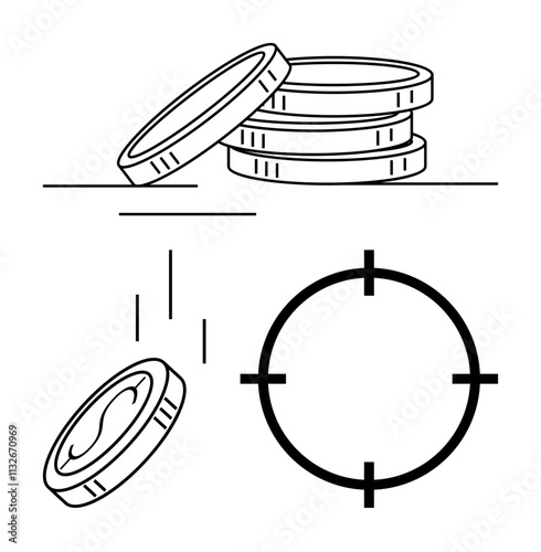 Coins stacked neatly beside falling coin aimed at target. Ideal for financial planning, investment strategies, decision-making, savings goals, business focus, precision marketing, competitive edge