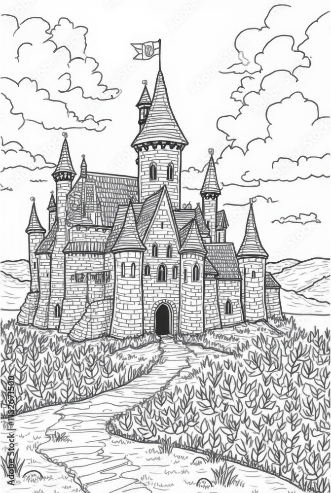 Fototapeta premium Majestic Medieval Castles with Knights and Banners in Detailed Landscapes