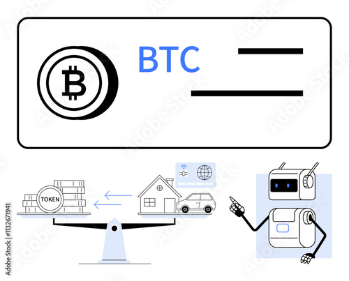 Bitcoin symbol BTC text robot with AI balance scale with tokens house, car. Ideal for finance, technology, real estate, cryptocurrency, digital trading, innovation, blockchain. Line metaphor