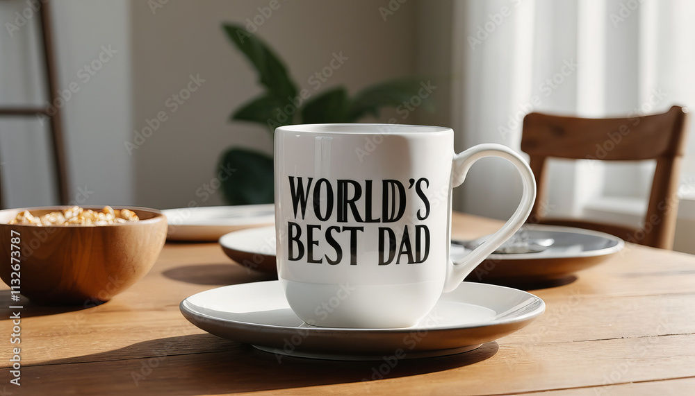 Fototapeta premium World's best dad mug on a wooden table with breakfast and natural light