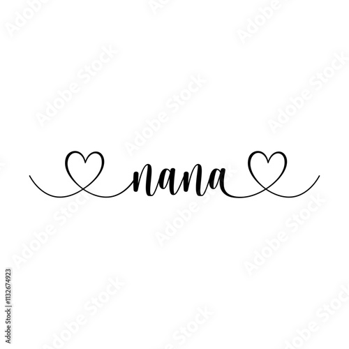 Nana script text with double heart svg cut file. Isolated vector illustration.