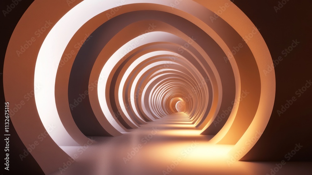 Fototapeta premium Endless tunnel of circular shapes, soft ambient lighting, dreamy and abstract 3D render 