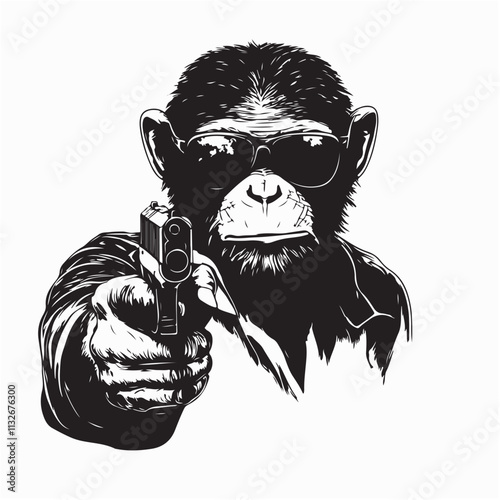 Stylish Monkey in Glasses and Suit Holding a Pistol in Bold Action Pose image vector