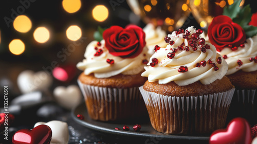 Delicious cupcakes decorated with red roses for valentine's day romantic dinner