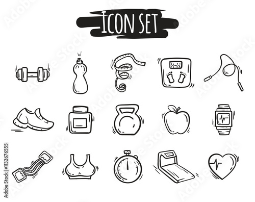 Black and white set of fitness, sport icons. Hand drawn signs and symbols of sports equipment, active lifestyle, gym, training. Collection of vector editable graphics
