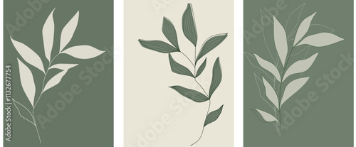 Set of contemporary collage botanical minimalist wall art poster. Abstract vector art wall foliage. Collection of hand drawn leaves, branch of leaves, line art.