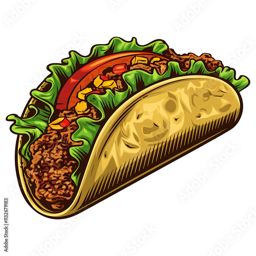 Tasty taco with meat and vegetable. Traditional Mexican fast-food. Vector illustration.
