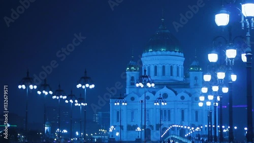 Christ the Savior Cathedral and Patriarshy Bridge (Night view), Moscow, Russia.