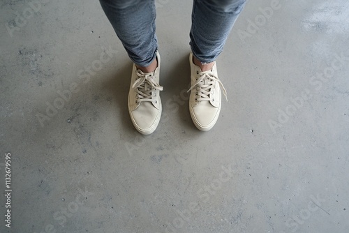 Person standing on concrete viewed from ground level. photo