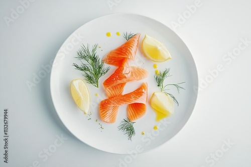 Thin slices of graavilohi (cured salmon) arranged on a white plate, garnished with dill and lemon wedges. photo