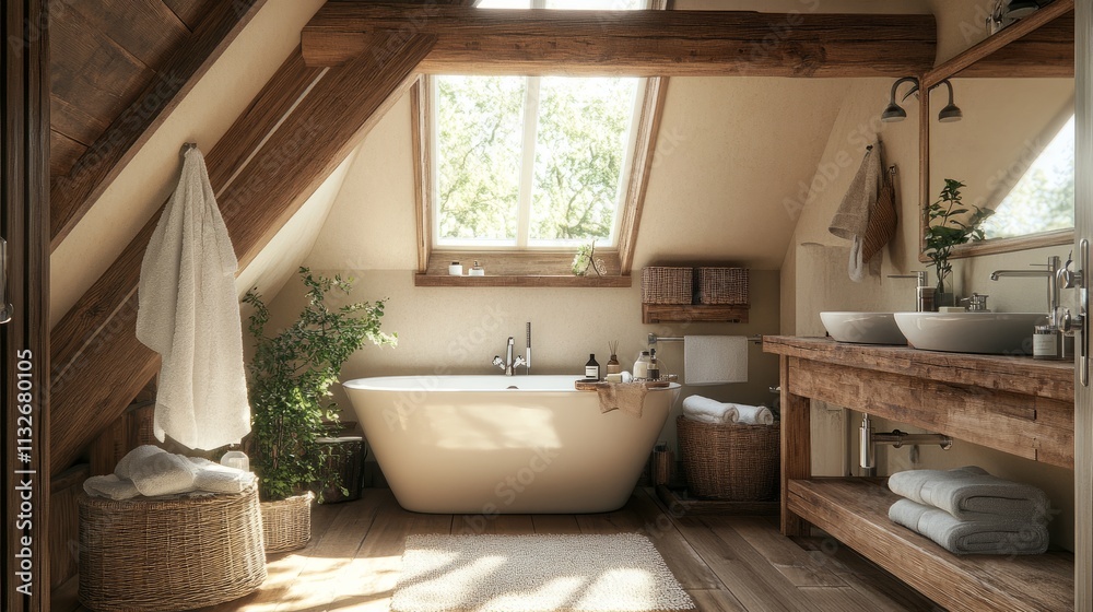 Fototapeta premium A rustic attic bathroom with exposed wooden beams, a skylight, and earthy decor, creating a cozy and tranquil atmosphere