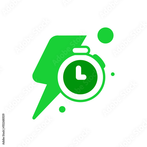flat illustration featuring lightning bolt and stopwatch symbolizing fast charging. clean and minimalistic design for showcasing features like quick charge, fast power delivery, or energy efficiency