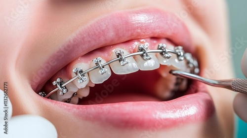 Close-up of teeth with braces being adjusted during a dental procedure.