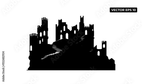 A silhouette of a castle ruin on a hill, showcasing intricate architectural details.