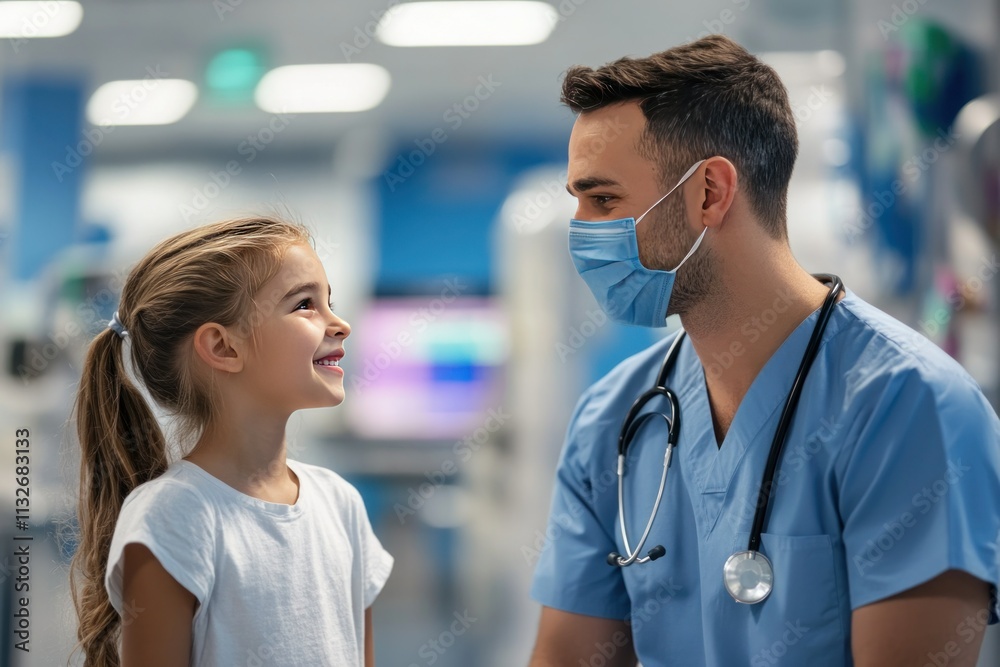 Obraz premium Caring Healthcare Professional Engages in Joyful Interaction with Smiling Young Girl in Pediatric Ward, Showcasing Compassionate Medical Environment