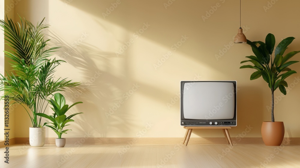 Fototapeta premium Cozy living room with vintage crt tv from 80s-90s bright environment