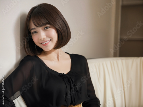 ソファでリラックスするアジア系の女性