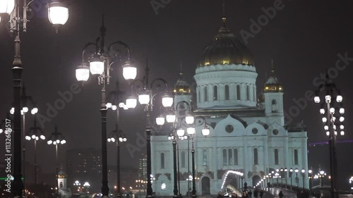Christ the Savior Cathedral and Patriarshy Bridge (Night view), Moscow, Russia.
