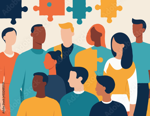Business Team Discussion concept. Contemporary flat style abstract vector illustration of a group of diverse people standing and talking to each other with puzzle pieces above their heads.