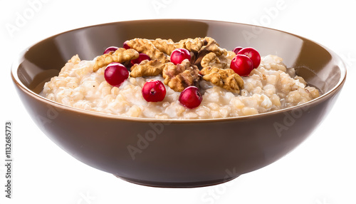 Delicious Oatmeal Porridge with Cranberries and Walnuts in Brown Bowl