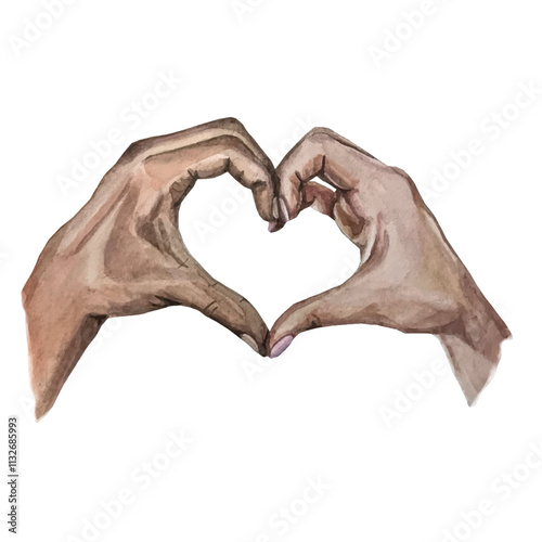 Vector freehand watercolor illustration depicting two african-american hands forming the shape of a heart, symbolizing love and unity. Isolated Background, wallpaper.