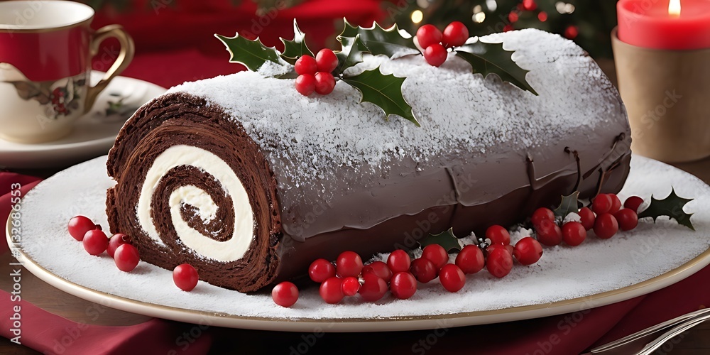 Naklejka premium A_decadent_yule_log_cake_dusted_with_powdered