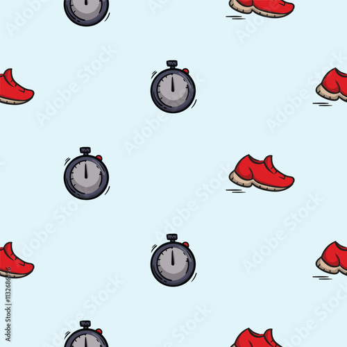 Bright seamless pattern with stopwatch and sneakers. Vector editable background for sport, fitness, gym and healthy lifestyle. Hand drawn design for decoration, wrapping paper, print