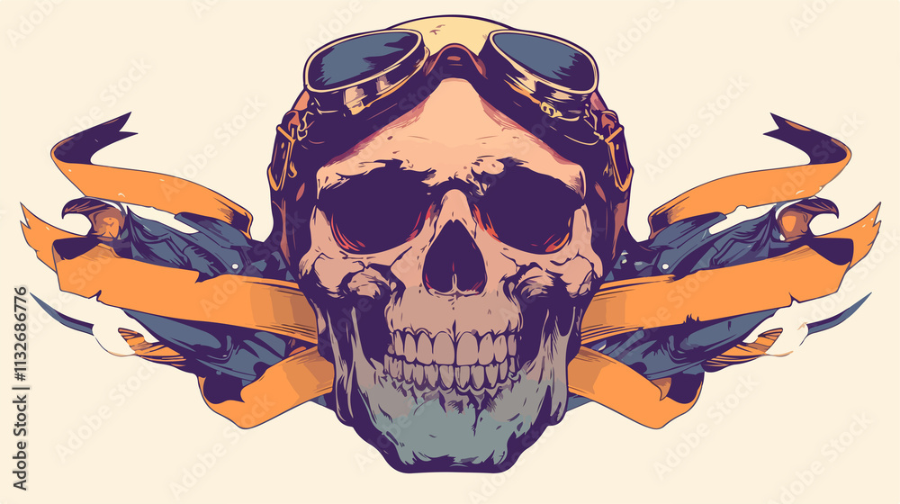 Fototapeta premium Psychedelic Vector Poster Featuring Hand Drawn Human Skull with Bikers