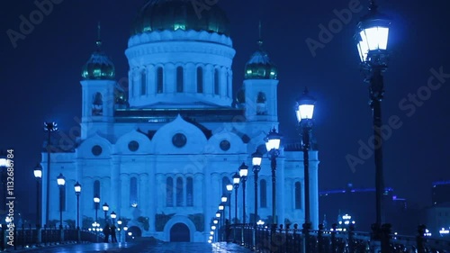 Christ the Savior Cathedral and Patriarshy Bridge (Night view), Moscow, Russia.