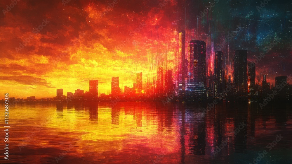 Naklejka premium Fiery sunset over futuristic cityscape reflected in water.