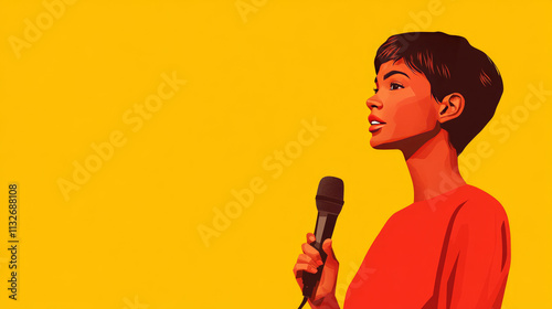 Illustration of a confident woman speaking into a microphone against a yellow background. Modern design highlighting public speaking, leadership, and empowerment concepts.