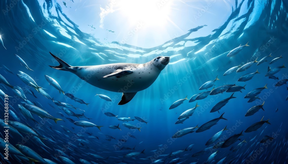 Obraz premium Graceful seal swimming with fish under bright sunrays, marine life harmony concept