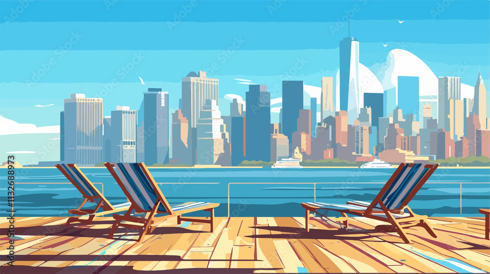Fototapeta premium Serene Wooden Platform with Deck Chairs Overlooking City Skyline