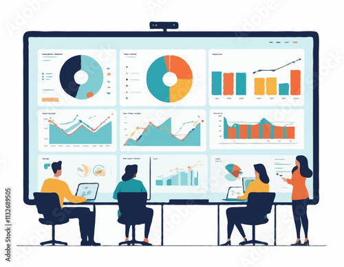 Business Data Concept. Vector illustration in flat style of a large monitor with tabs displaying graphs, chats, and groups of people studying them. Isolated on background