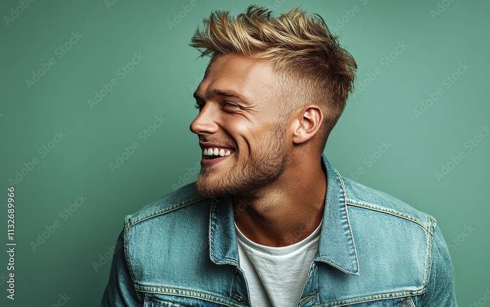 Fototapeta premium A man with a beard and a smile on his face is wearing a blue jacket