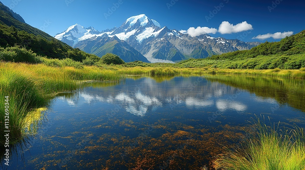 Fototapeta premium Serene mountain landscape with a reflective pond and lush greenery.