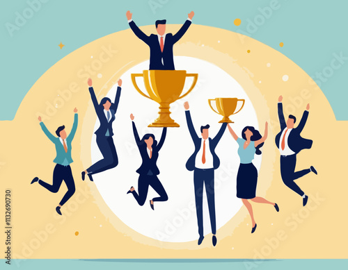 Business Team Success concept. Vector illustration in a flat style of a group of people jumping for joy in front of a large golden cup. Isolated on background.