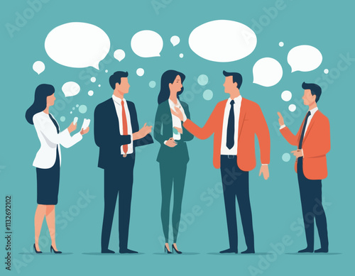 Business Discussion Concept. Vector cartoon full-length illustration in a flat style of various people talking to each other with bubbles over their heads. Isolated on background.