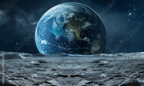 A panorama from the moon's perspective, featuring the Earth rising above the lunar landscape with stars in the background.